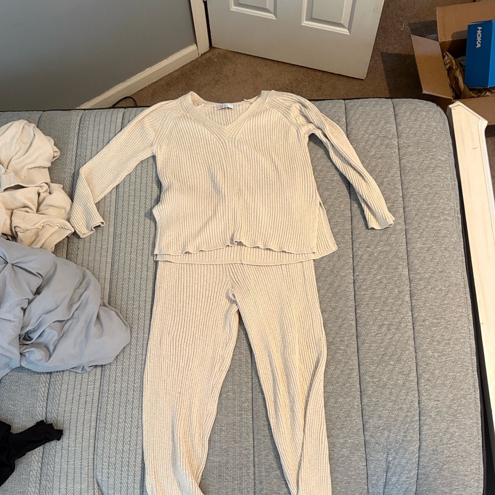 Free People Cream Ribbed Pajama Set